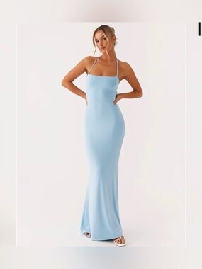 PEPPERMAYO Talk About Us Elegant Light Blue Halter-Back Maxi Dress size 6 NEW